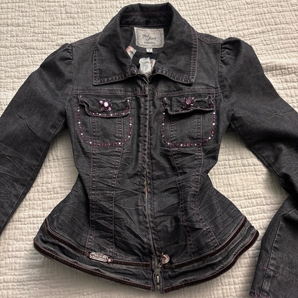 y2k bejeweled black/grey denim jacket ੈ✩‧₊ - Picture 2 of 6